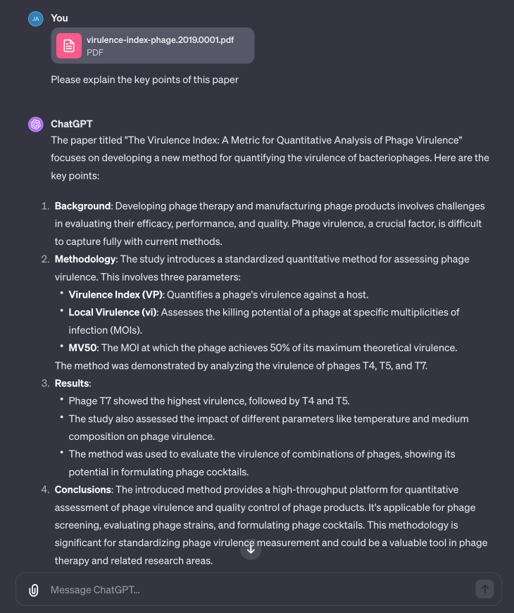 Fig 9. ChatGPT is great at summarizing or answering questions about uploaded papers. Note that for really long documents over 18k characters, others have noted that its Q&A quality tends to go down for the