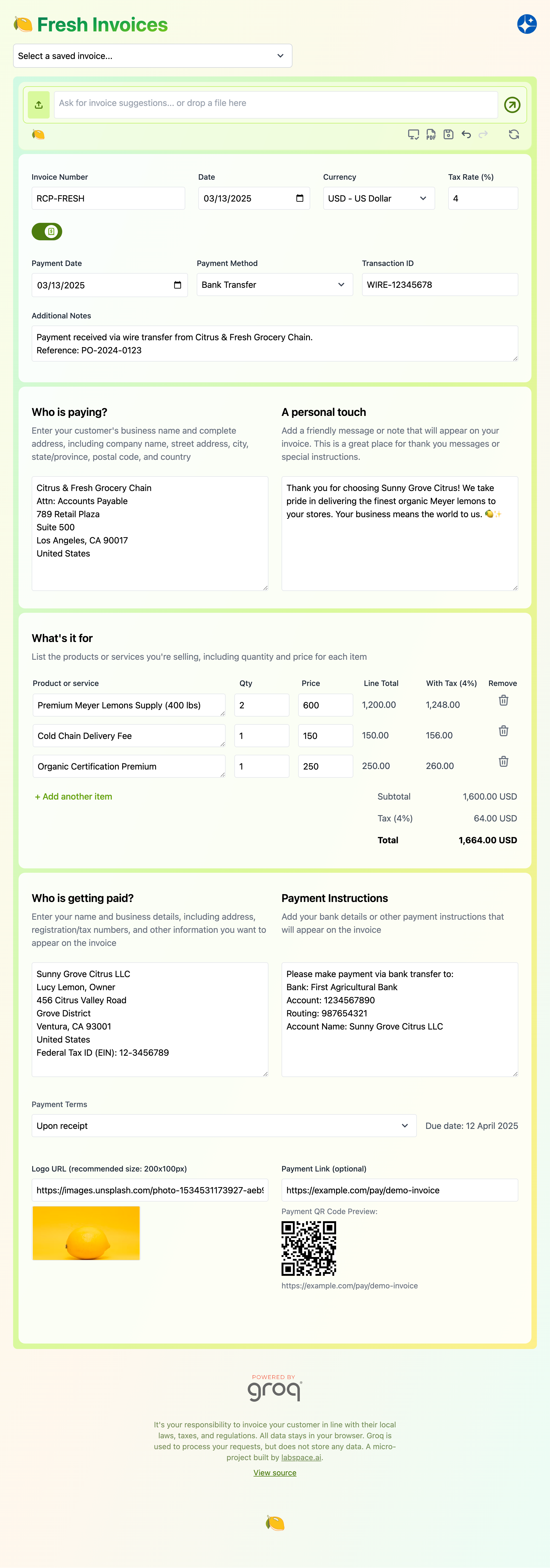 A sample invoice on