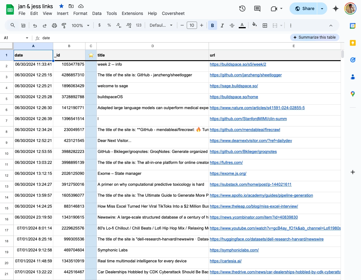 Using Google Sheets for a personal bookmarking app. Here, Google Sheets saves and provides data to my own bookmarking app.